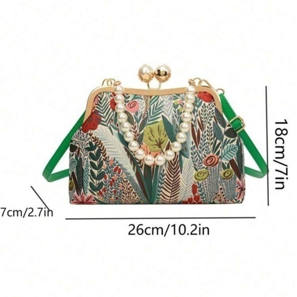 ✨NEW✨ Clip-On Chinese Shoulder Crossbody purse Pearl Chain - embroidered floral - Picture 4 of 8